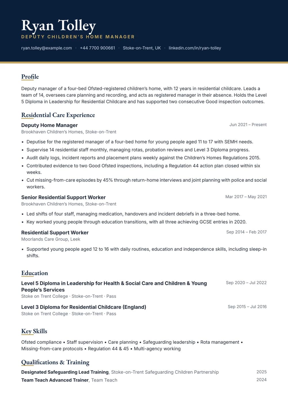 Deputy Home Manager CV template