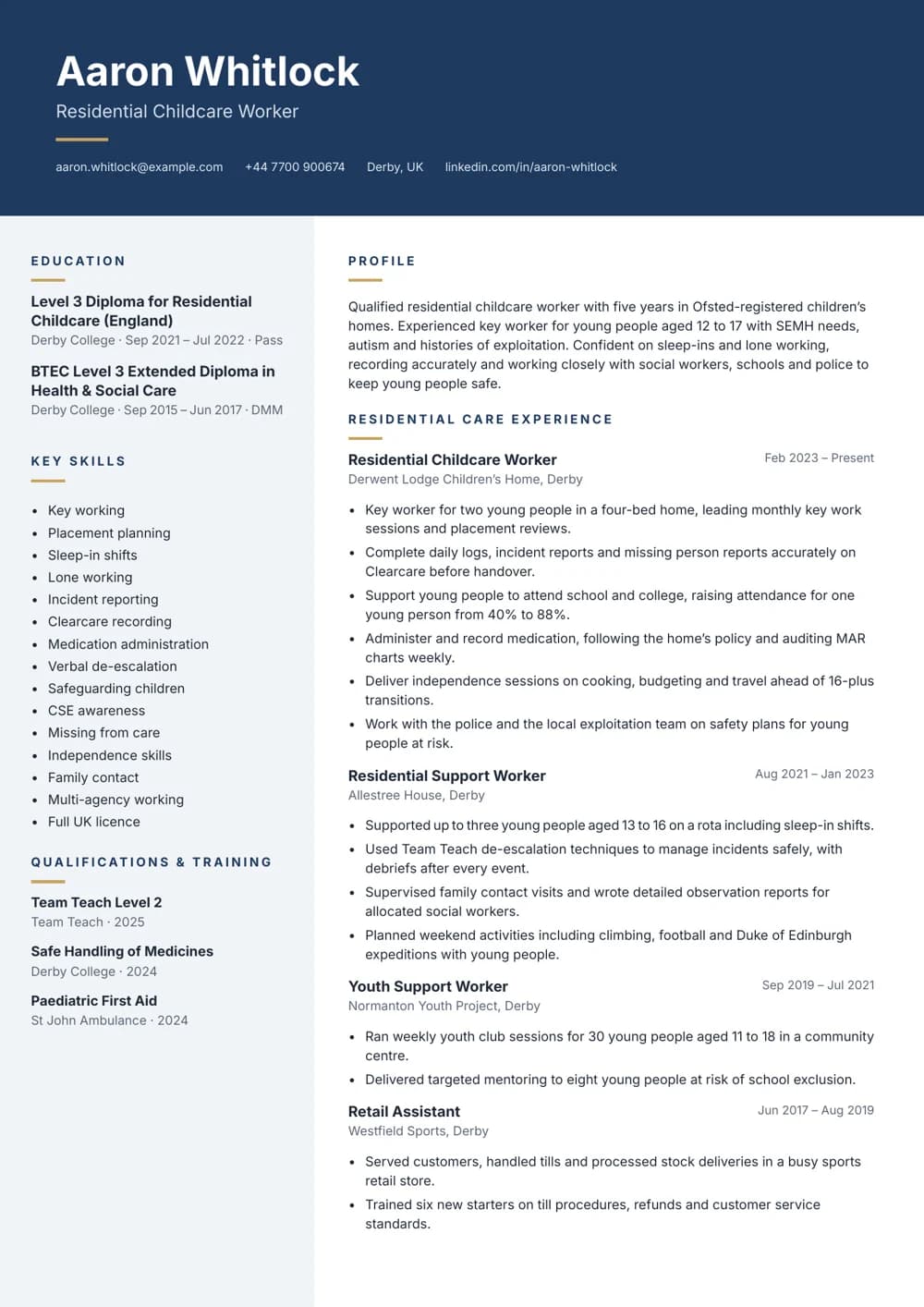Residential Childcare Worker CV template