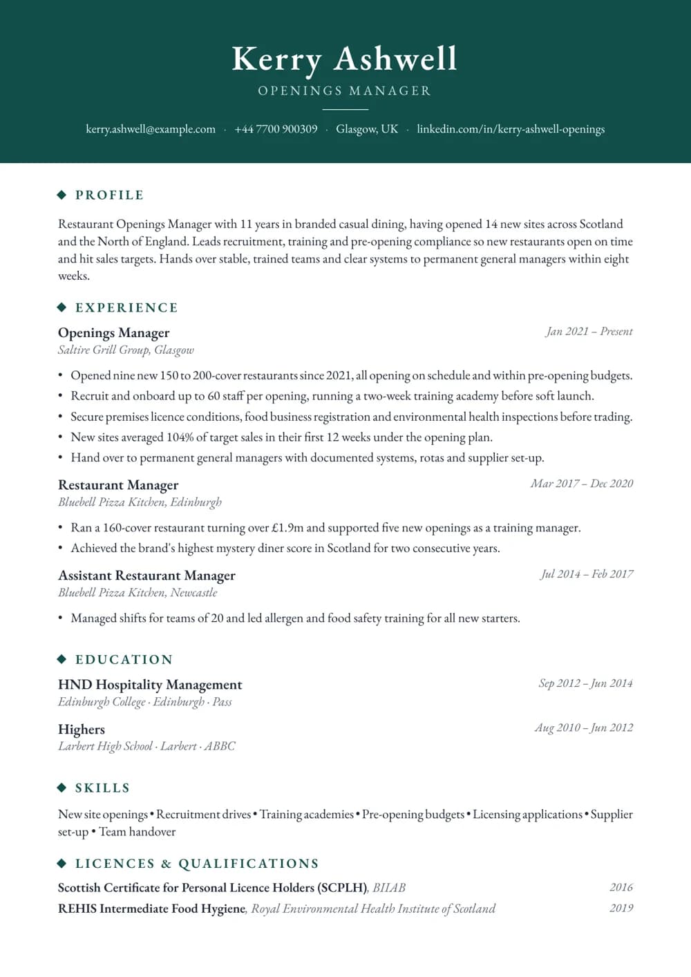 Opening Restaurant Manager CV template