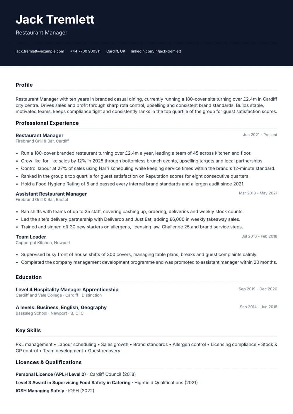 Chain Restaurant Manager CV template