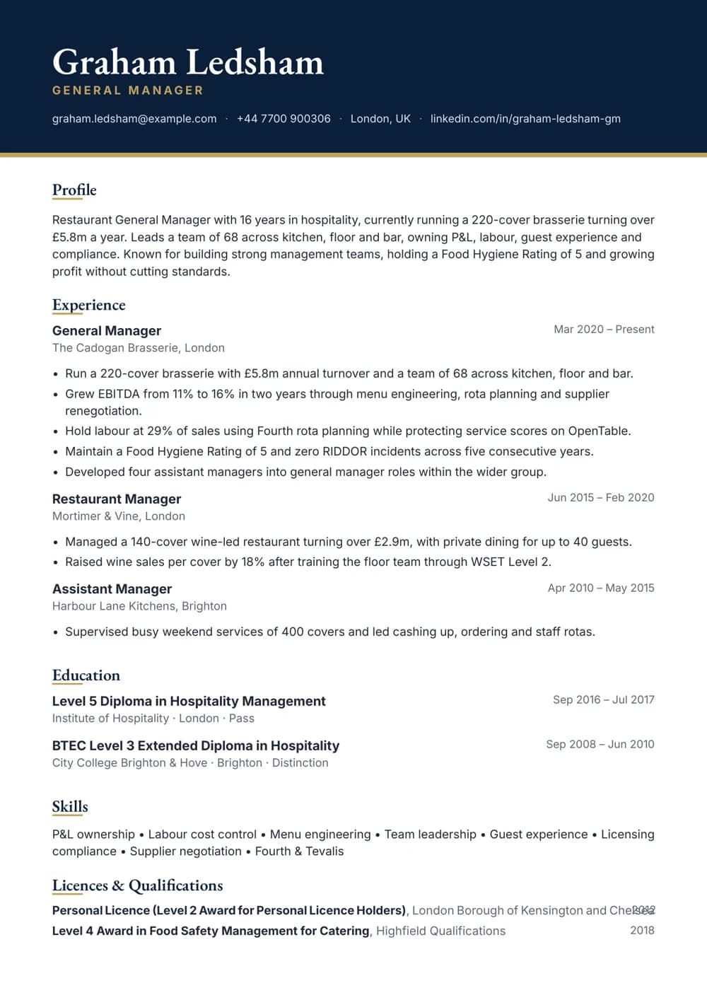 Restaurant General Manager CV template