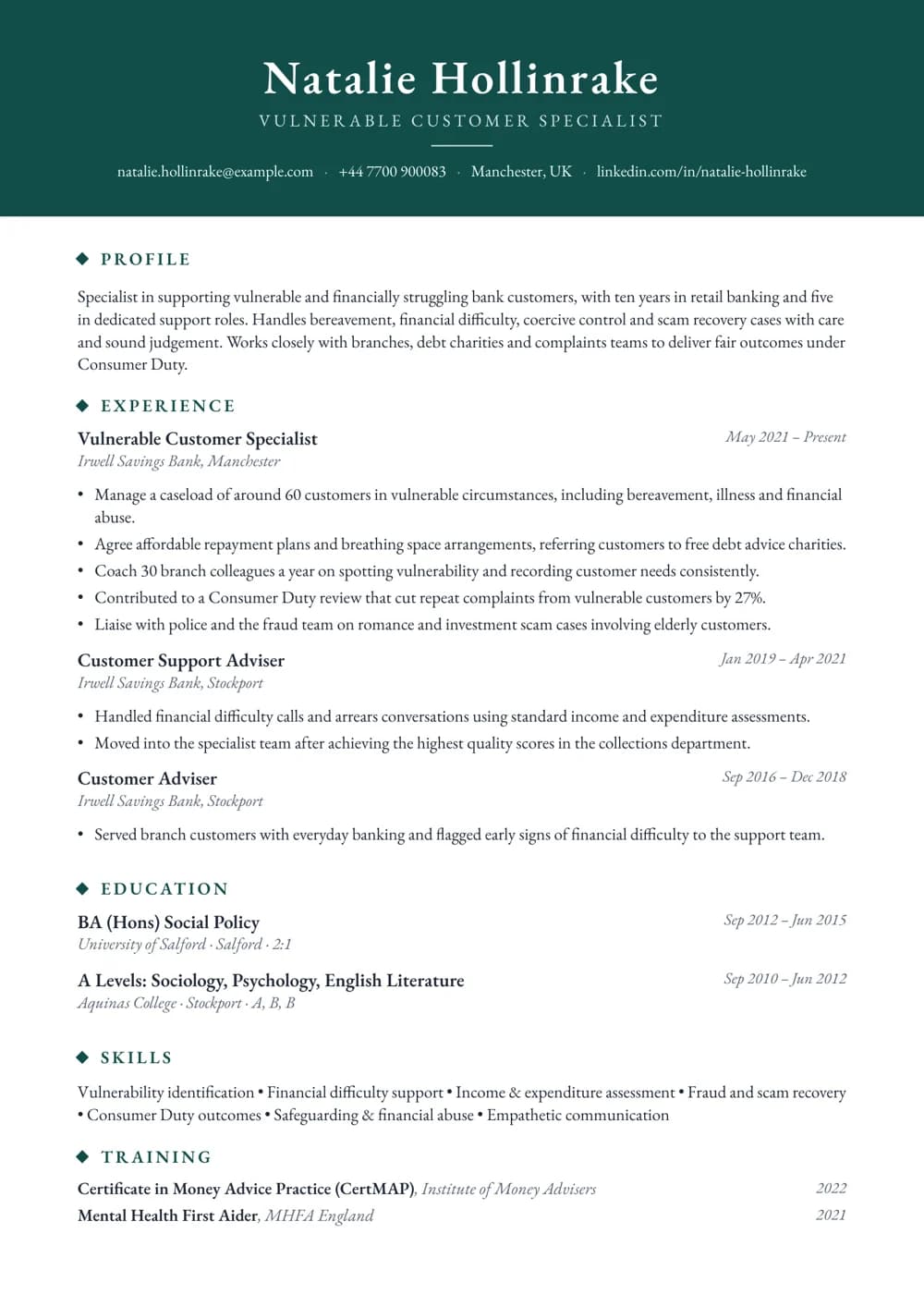 Vulnerable Customer Specialist CV template