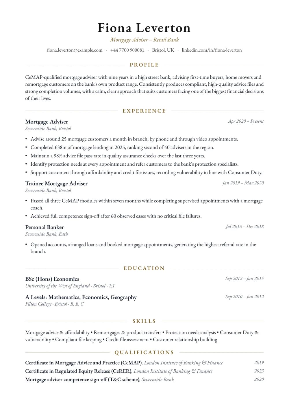 Bank Mortgage Adviser CV template