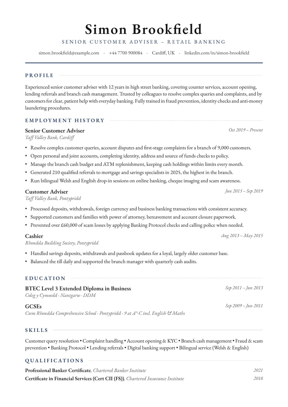 Senior Customer Adviser CV template