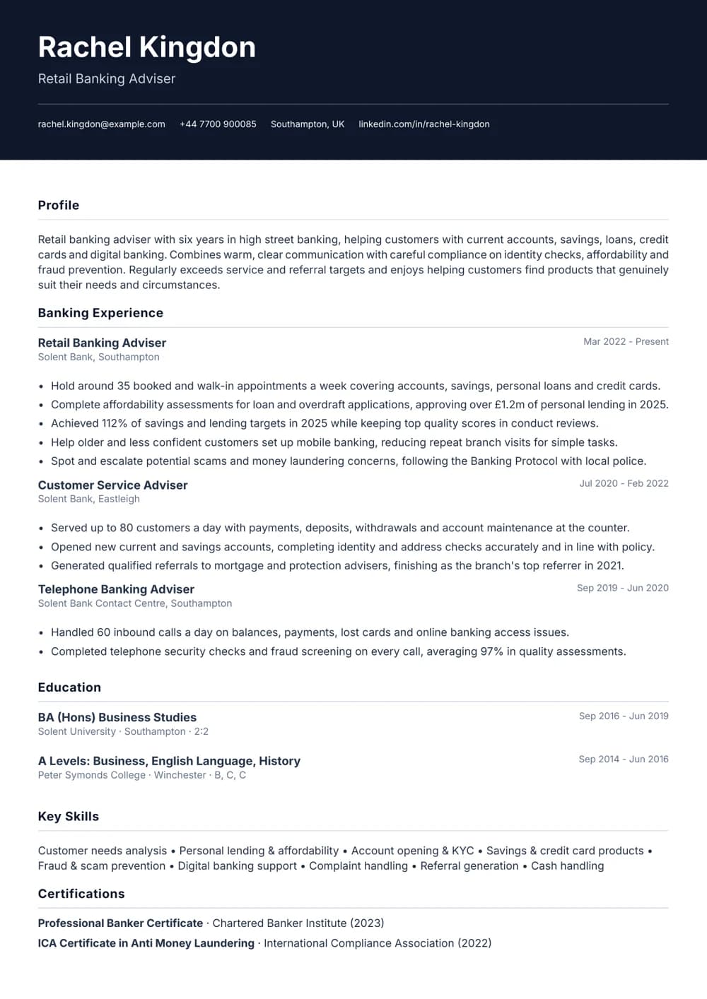 Retail Banking Adviser CV template