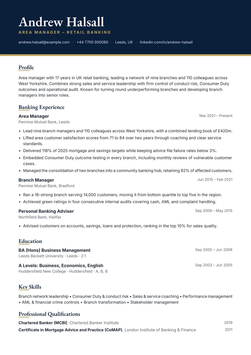 Area Retail Banking Manager CV template