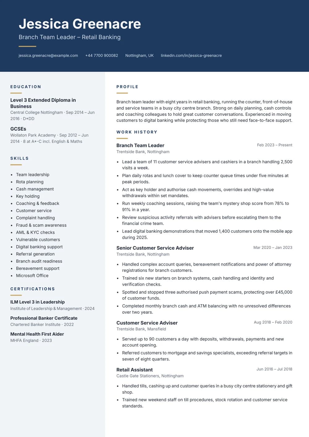 Branch Team Leader CV template