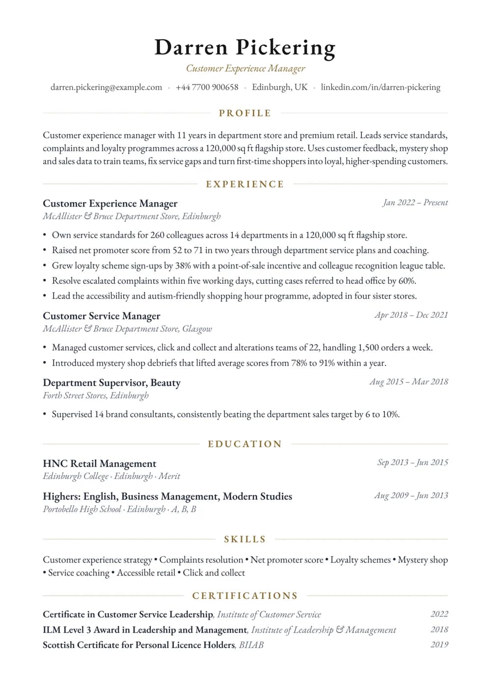 Customer Experience Manager CV template