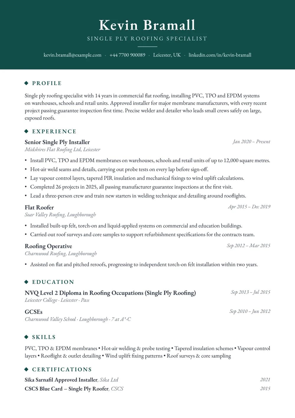 Single Ply Membrane Installer CV template