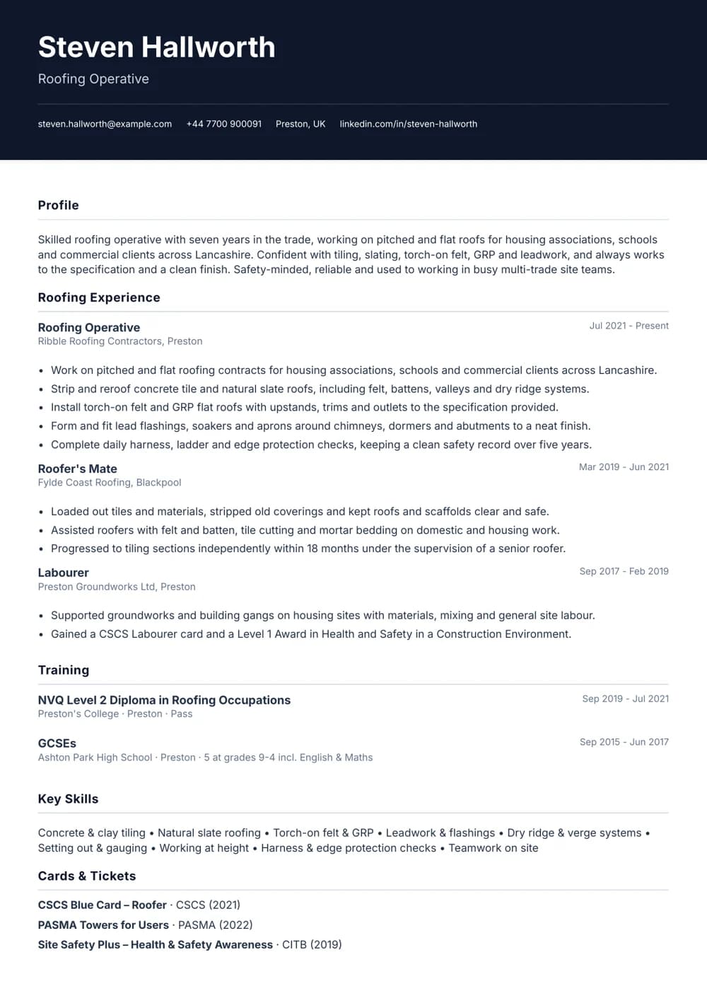 Roofing Operative CV template