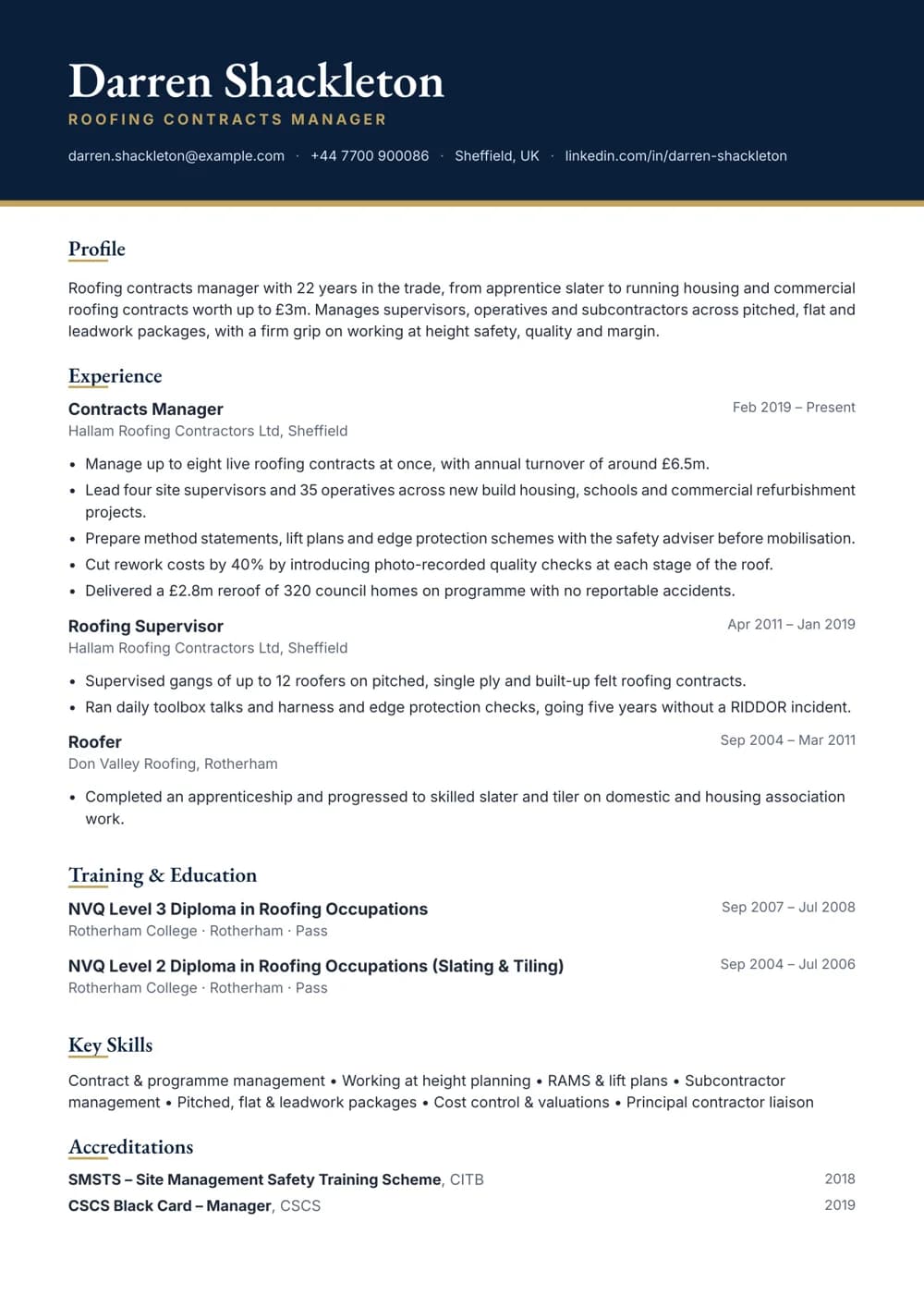 Roofing Contracts Manager CV template