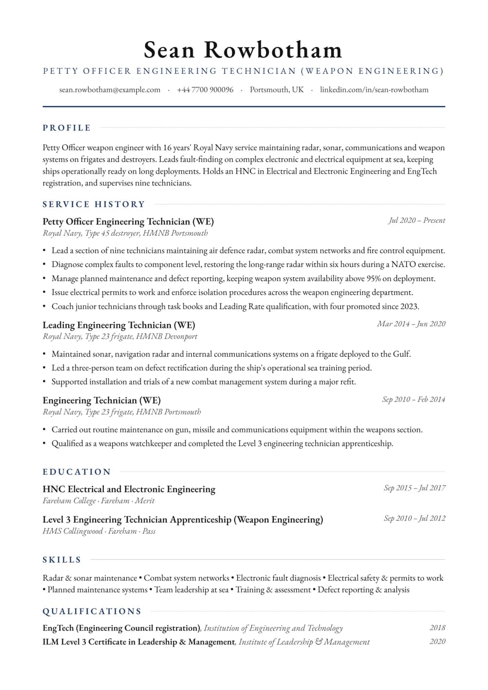 Weapon Engineering Petty Officer CV template