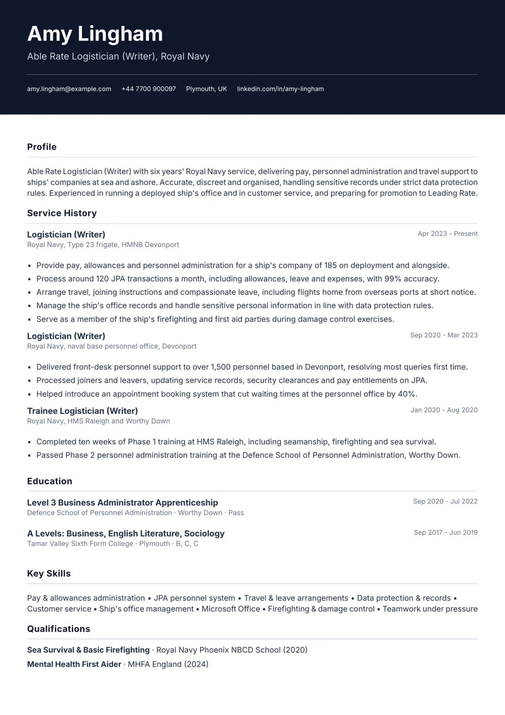Royal Navy Logistician CV template