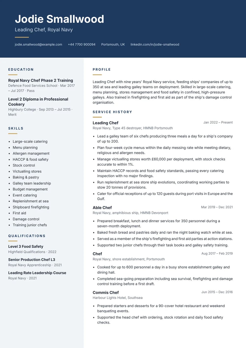 Royal Navy Chef CV template