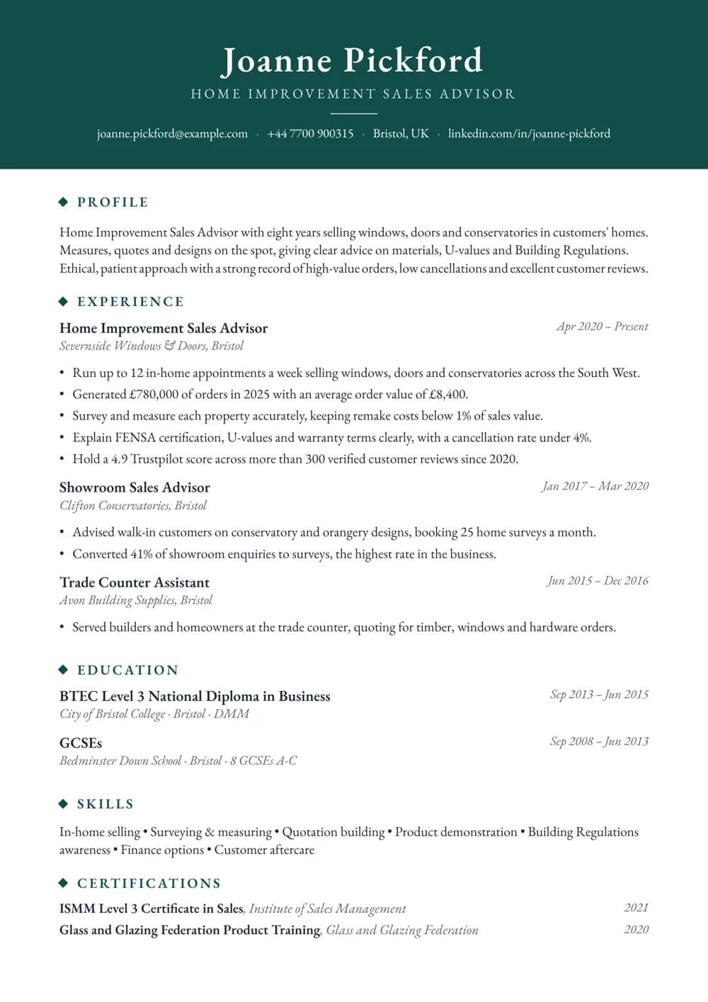 home improvement sales advisor cv template