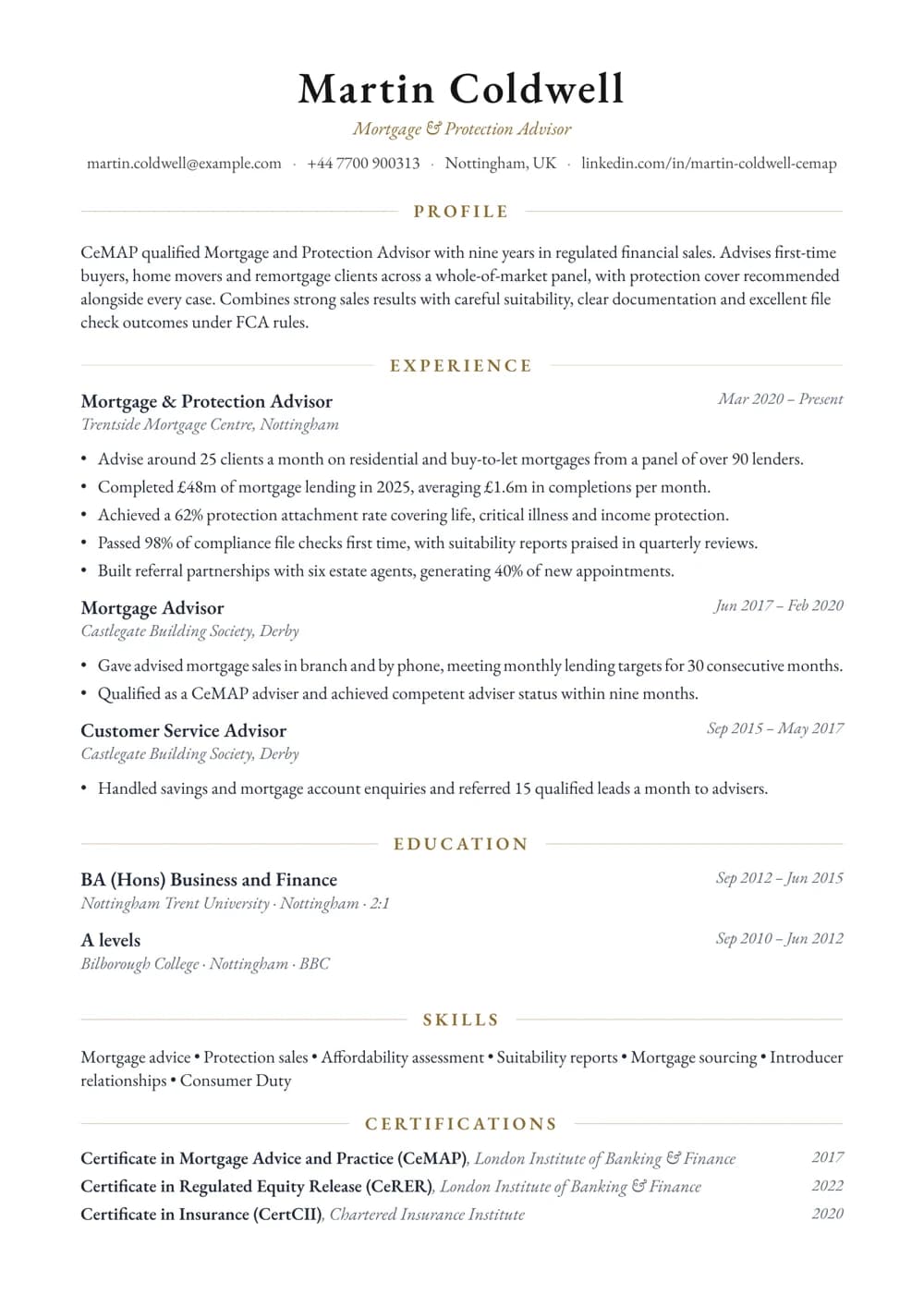 Mortgage Sales Advisor CV template