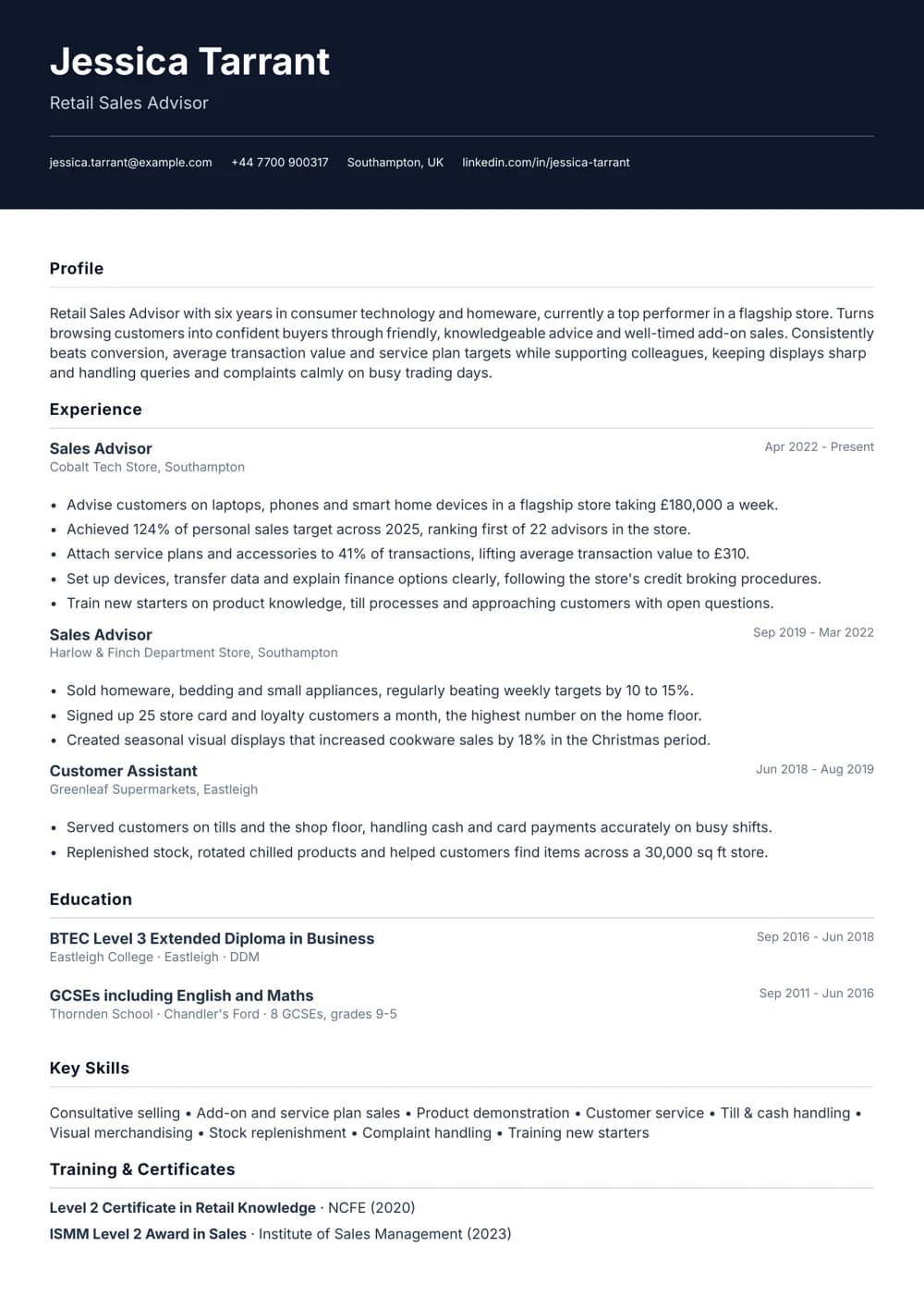 sales advisor (retail) cv template