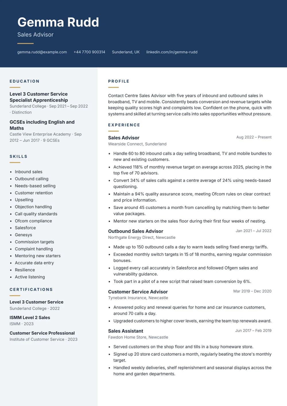 Contact Centre Sales Advisor CV template