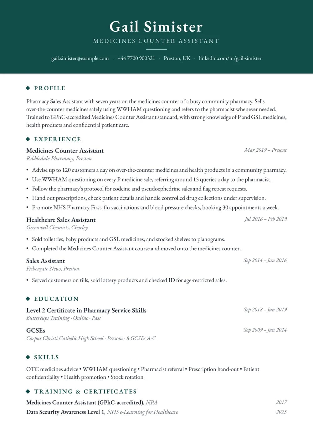 Pharmacy Sales Assistant CV template
