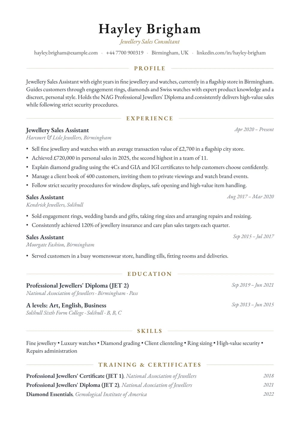 Jewellery Sales Assistant CV template