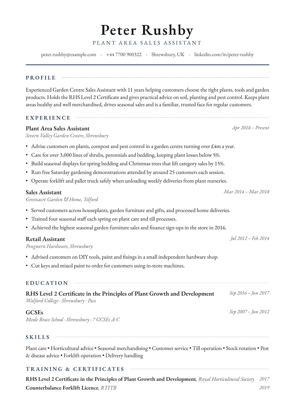 Garden Centre Sales Assistant CV template