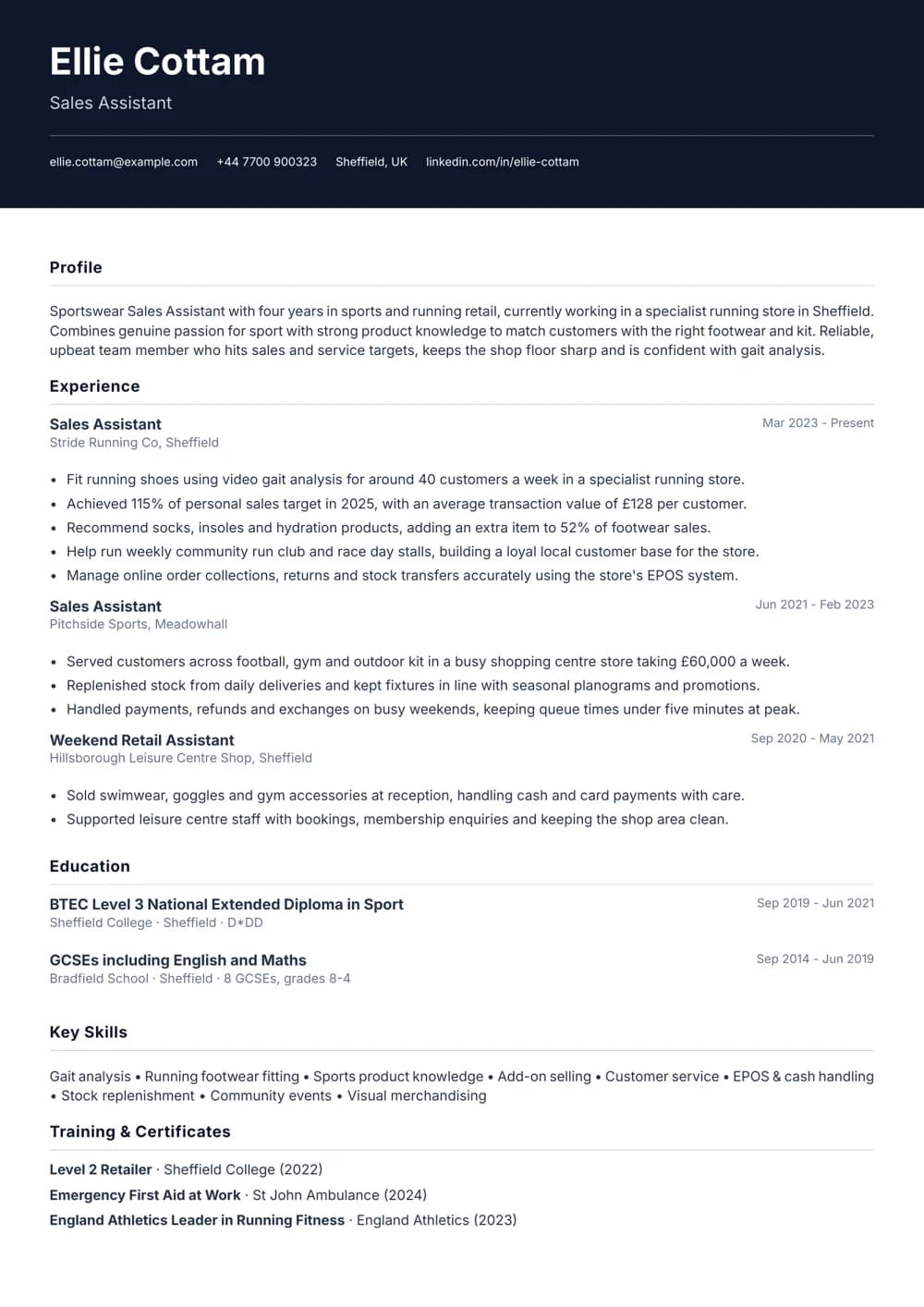 Sportswear Sales Assistant CV template