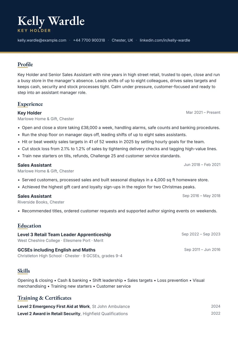 Key Holder Sales Assistant CV template