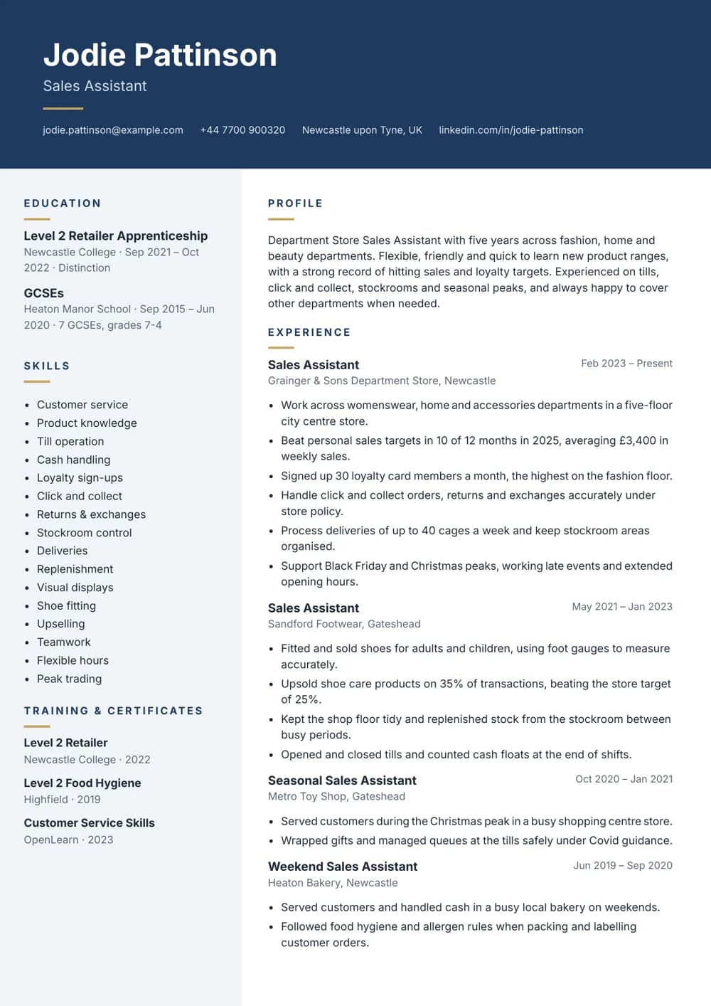Department Store Sales Assistant CV template