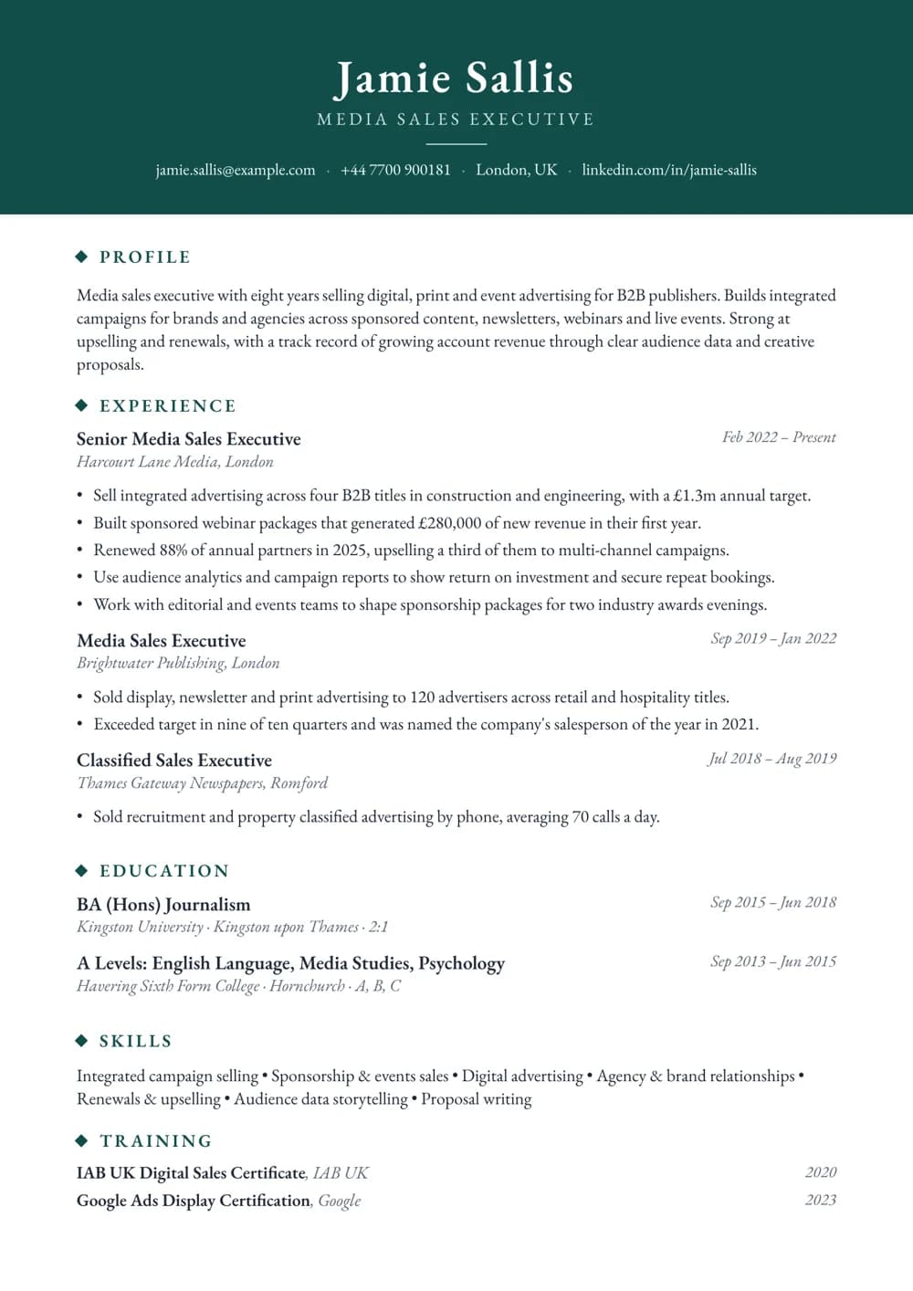 Media Sales Executive CV template