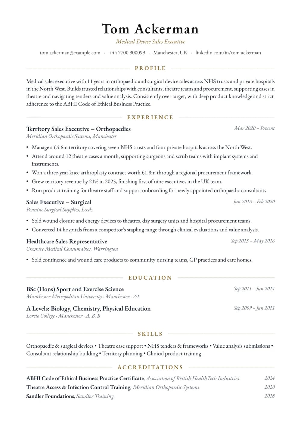 Medical Sales Executive CV template