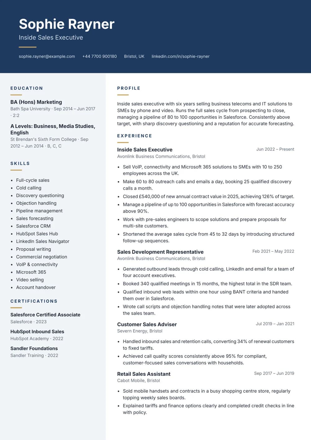 Inside Sales Executive CV template