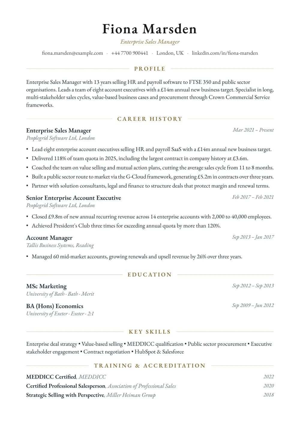Enterprise Sales Manager CV template