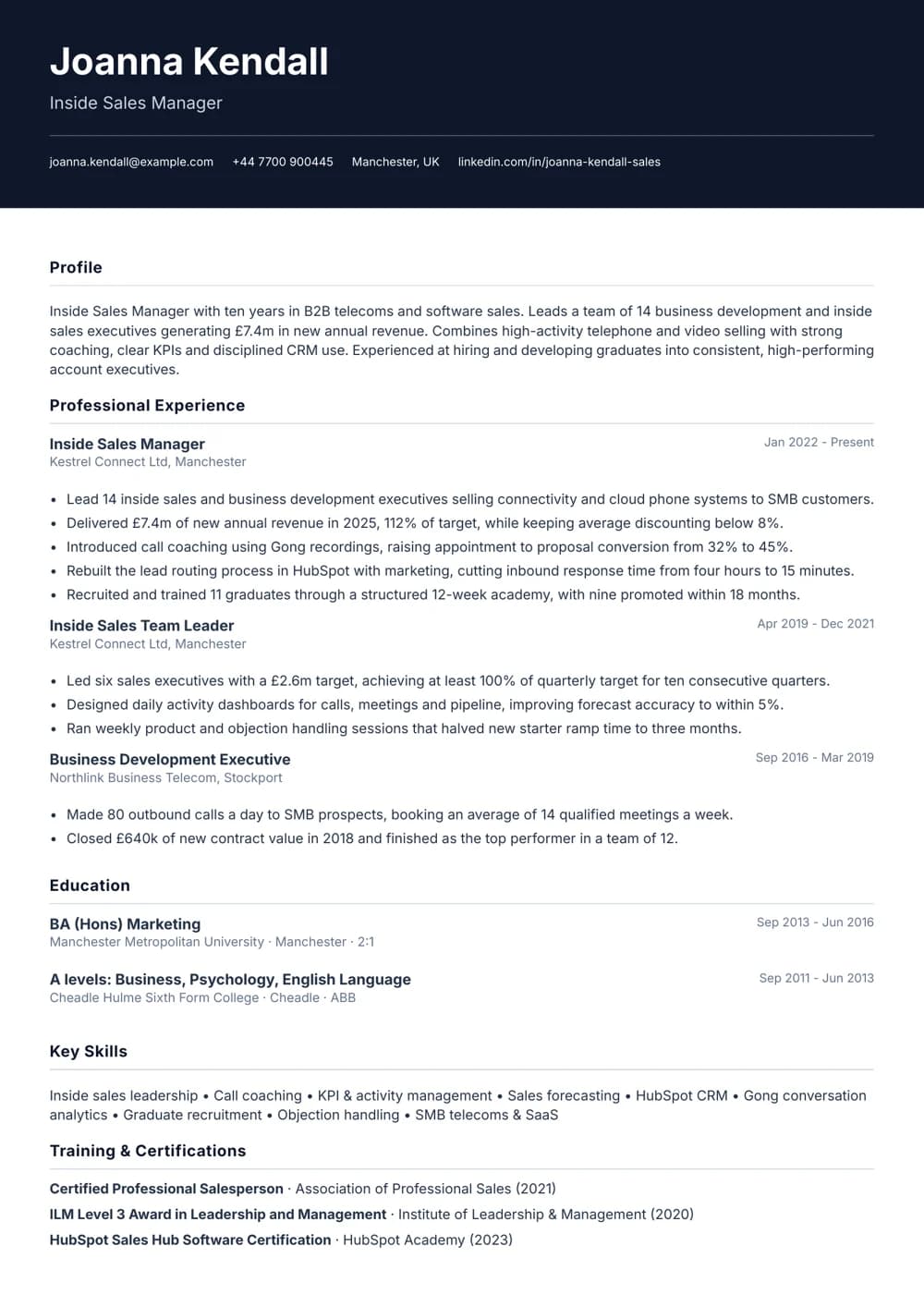 Inside Sales Manager CV template