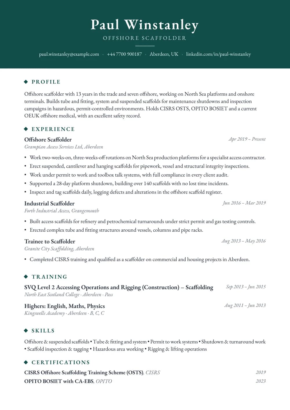 Offshore Scaffolder CV template
