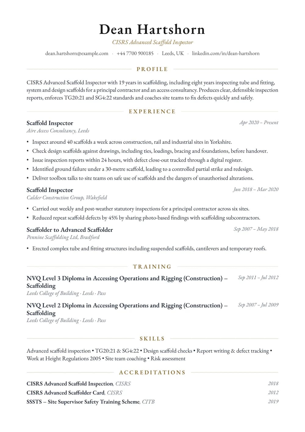 Scaffold Inspector CV template