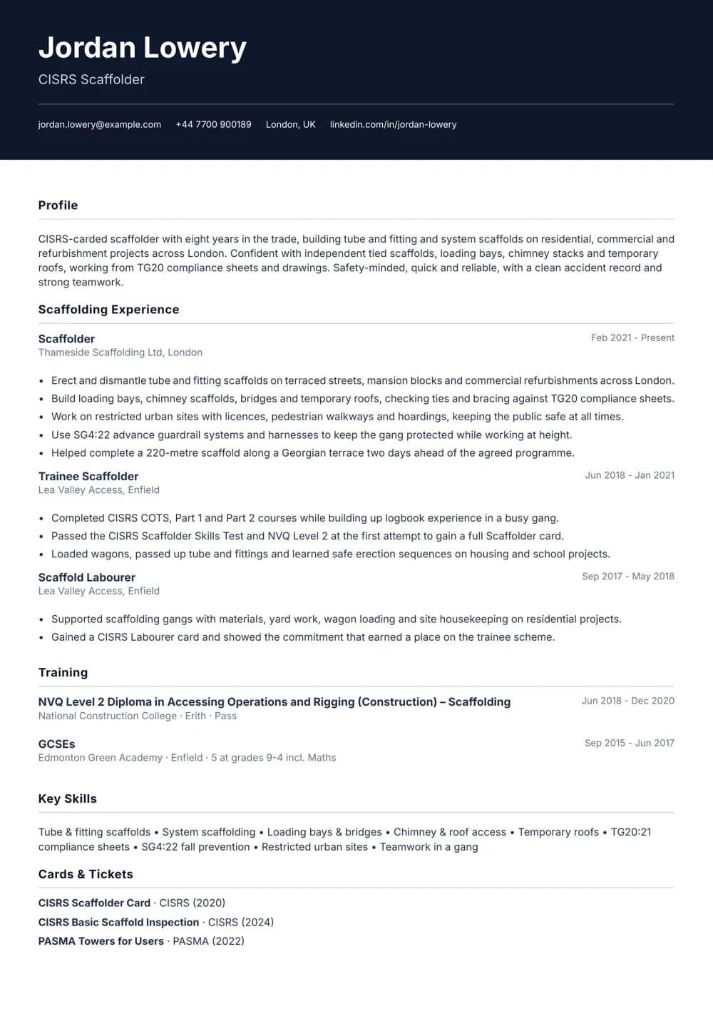 Tube and Fitting Scaffolder CV template