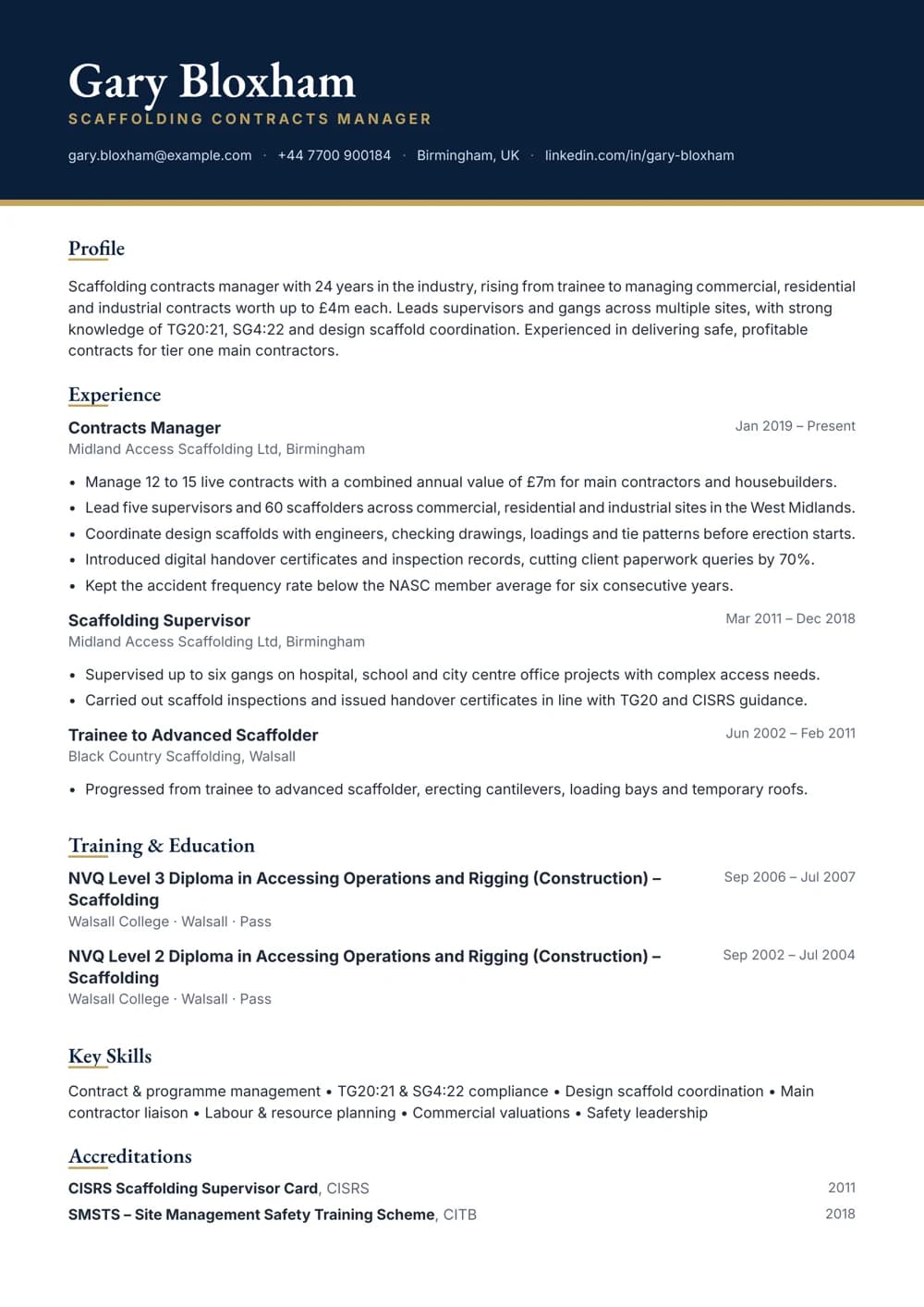 Scaffold Contracts Manager CV template