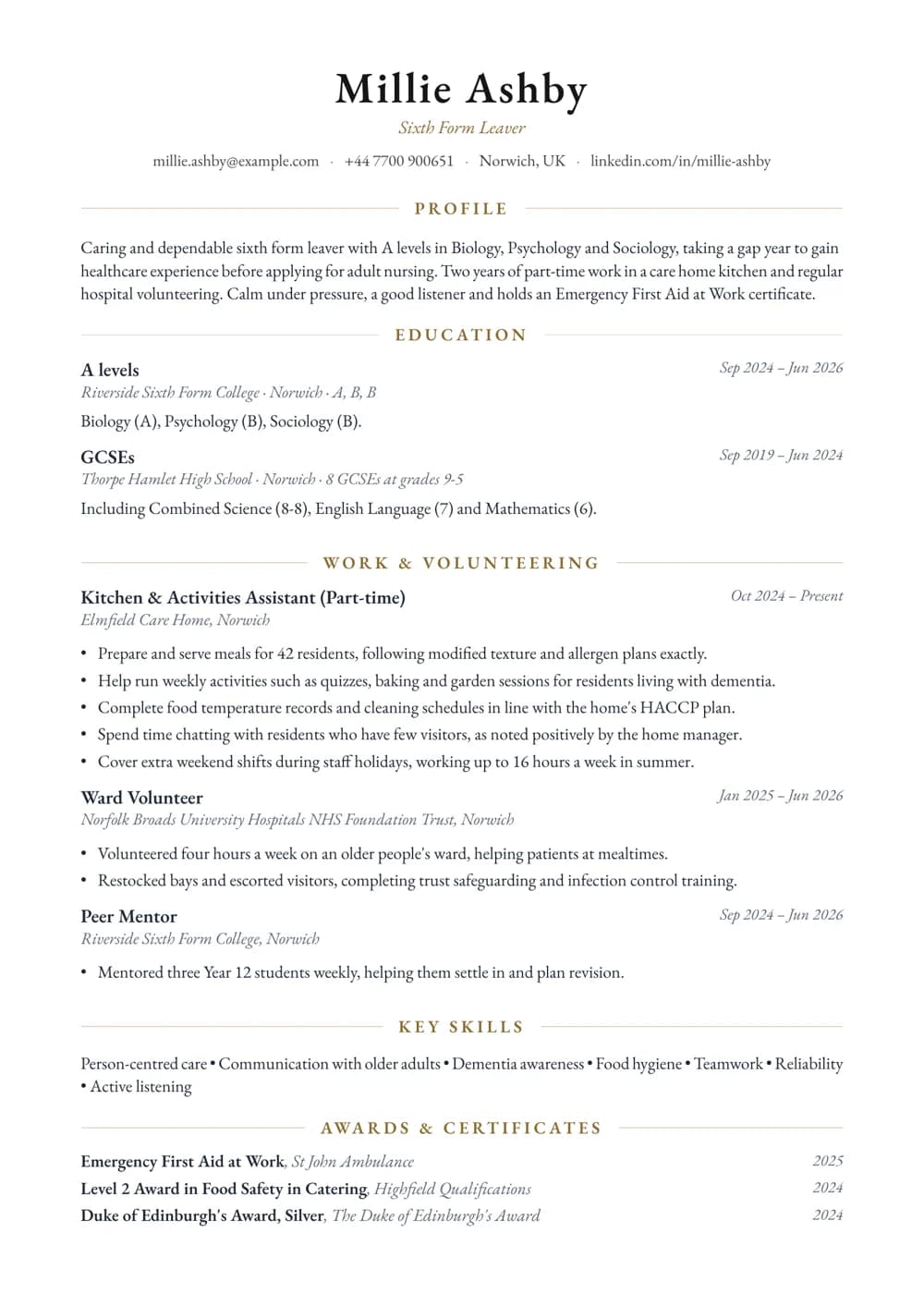 Sixth Form Leaver (Healthcare) CV template