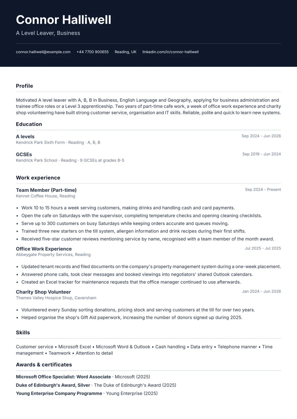 school leaver executive cv template
