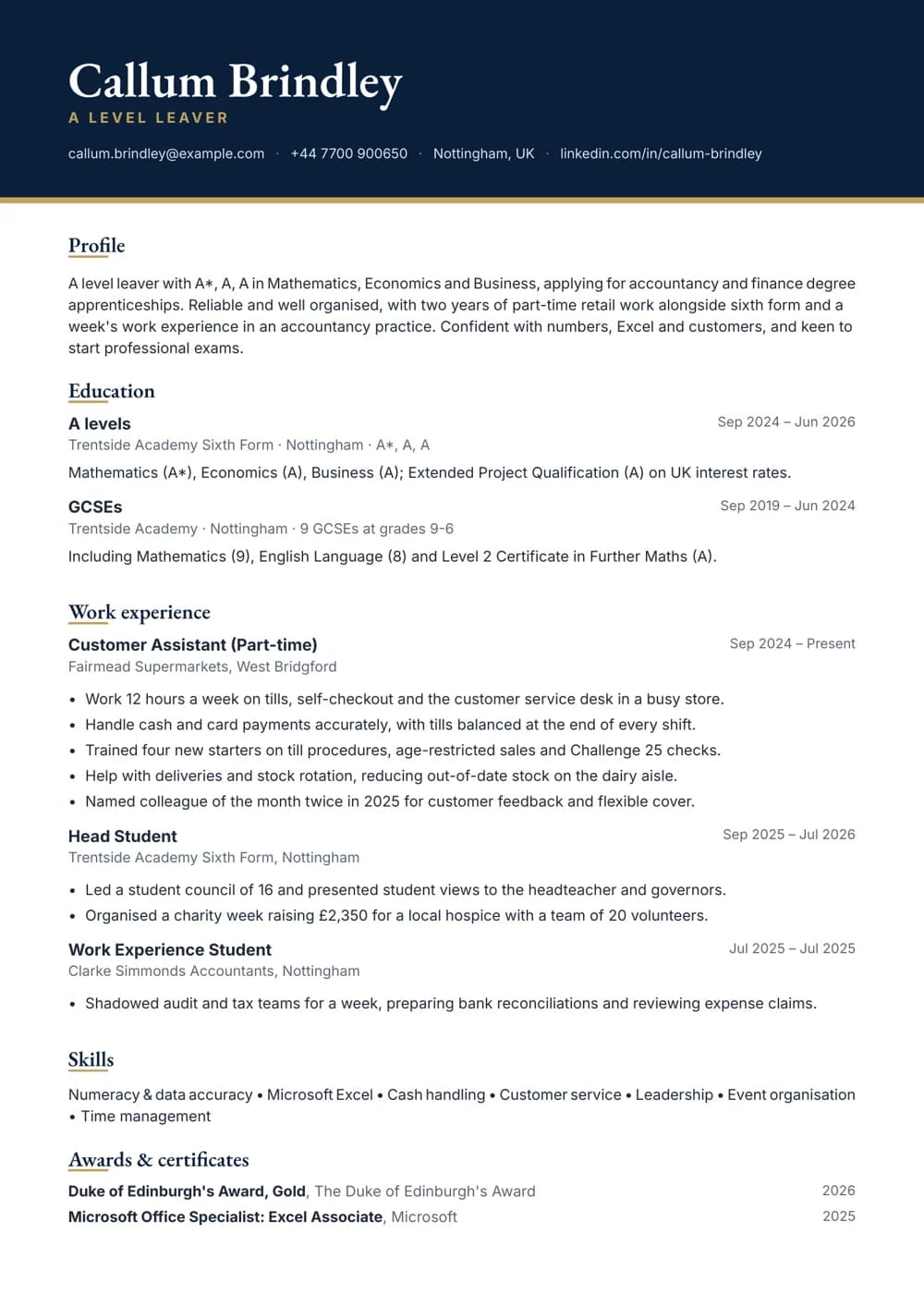 a level leaver cv template