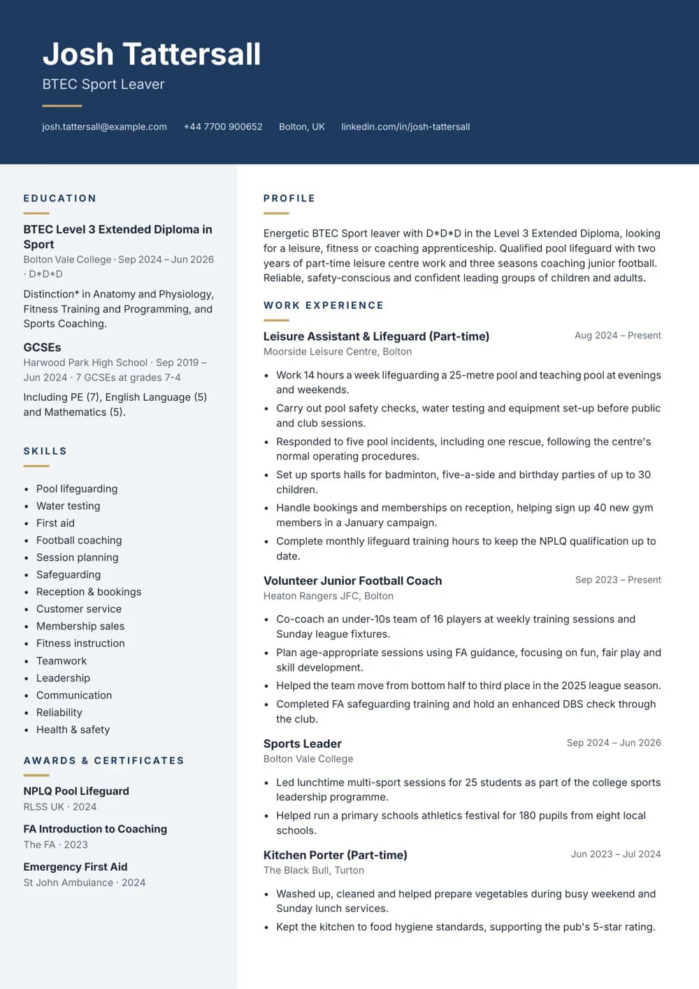 BTEC Sport Leaver CV template