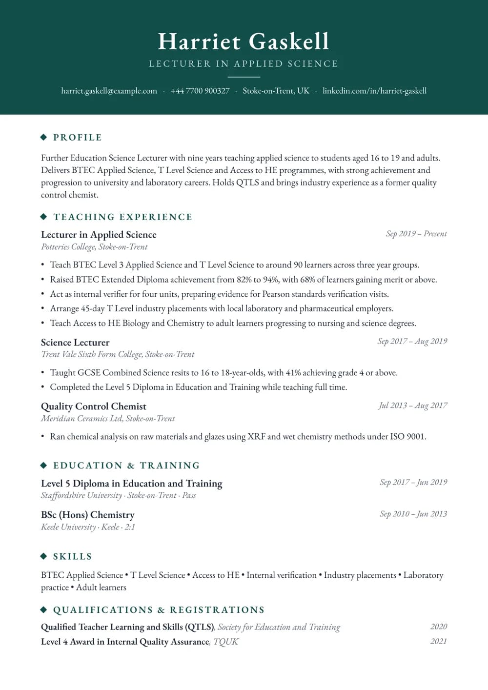 Further Education Science Lecturer CV template