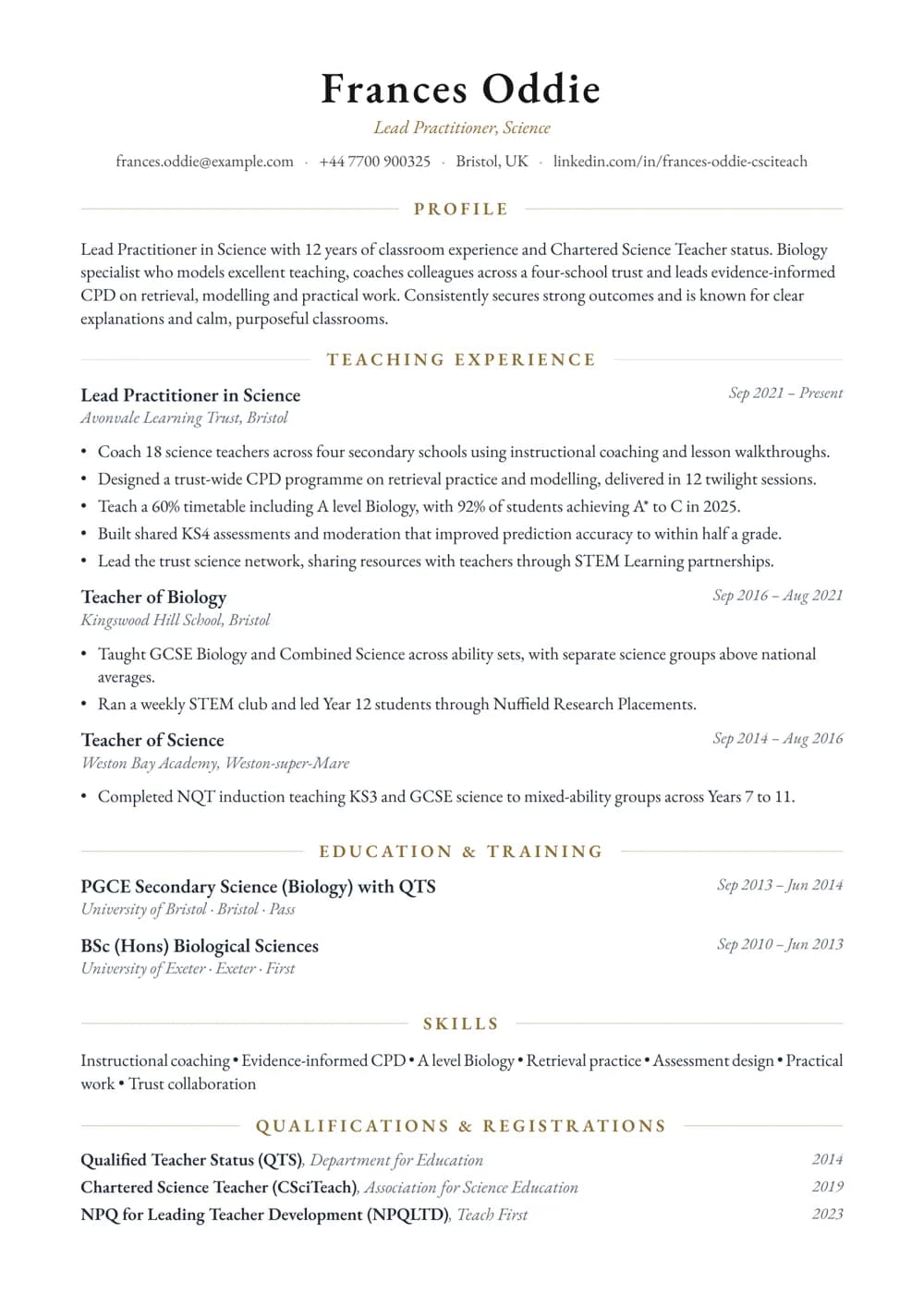 Lead Practitioner in Science CV template