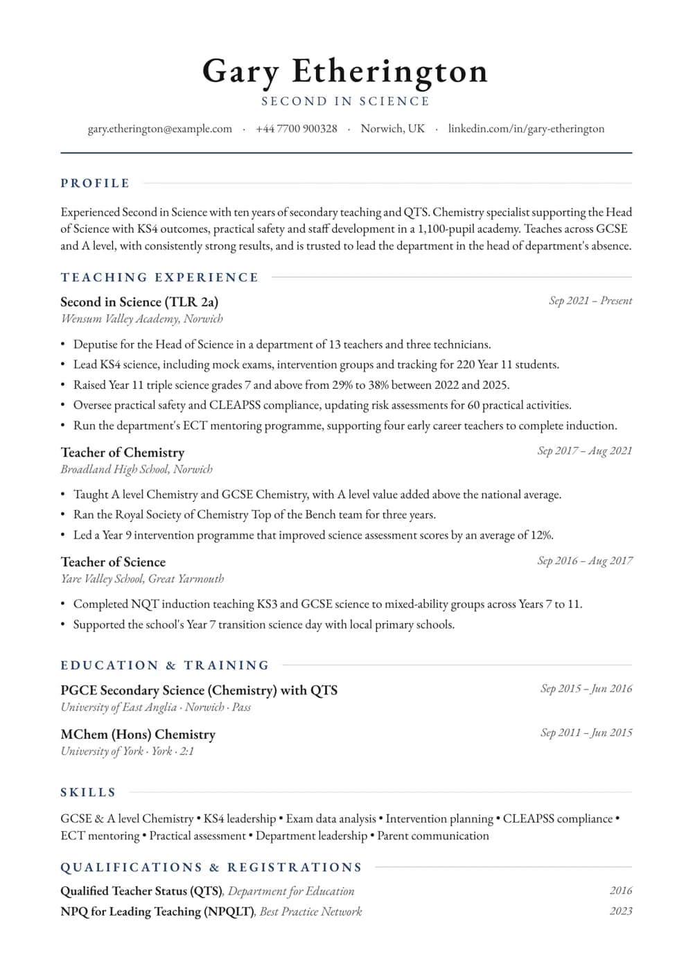 Second in Science CV template