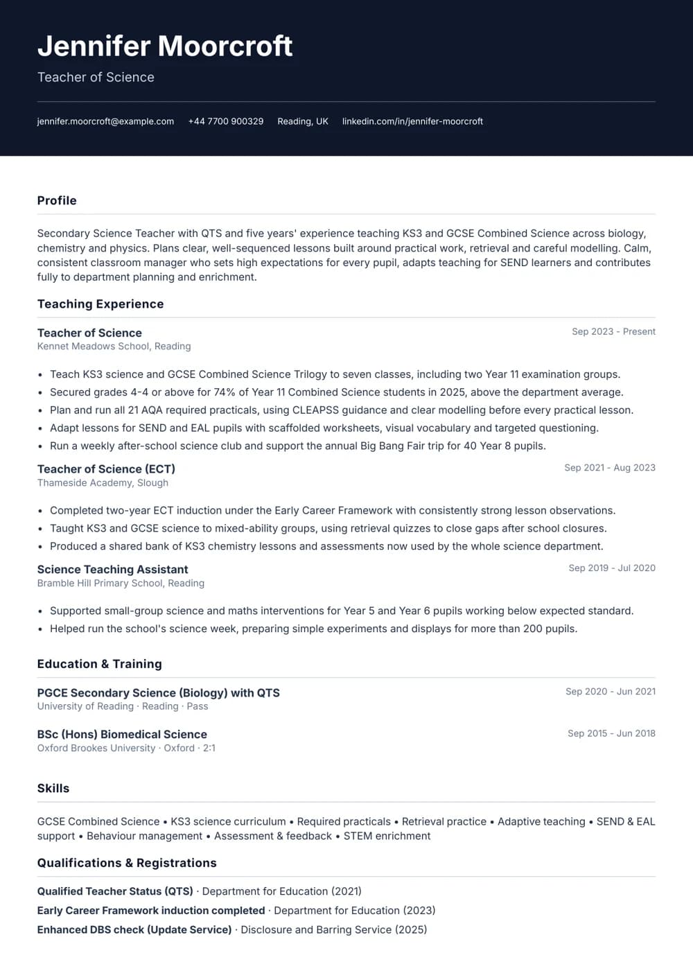 Combined Science Teacher CV template