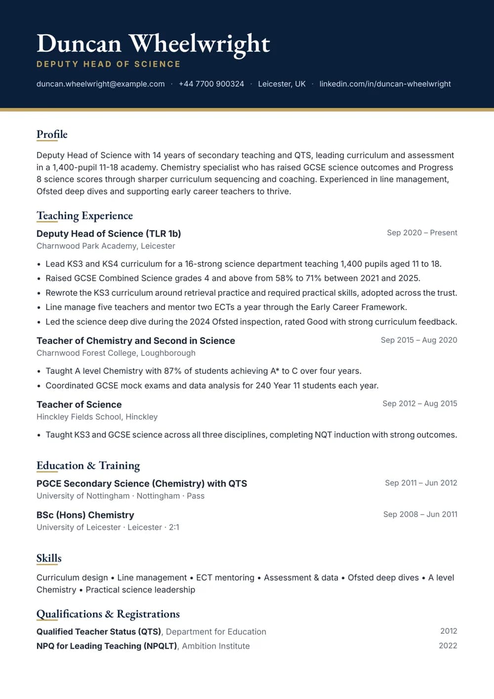 Deputy Head of Science CV template