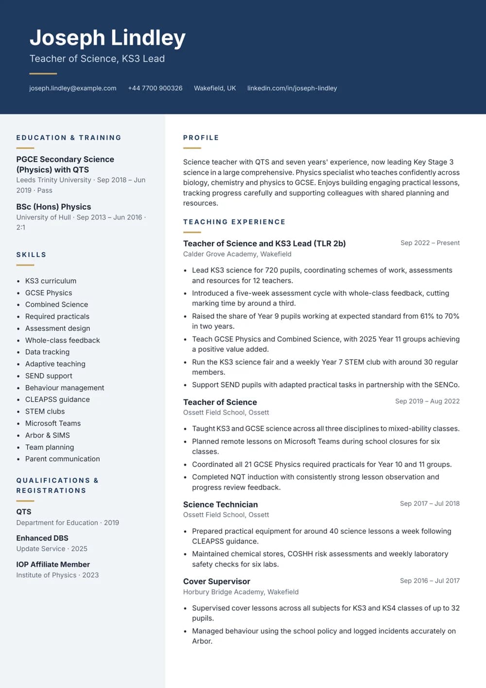 Key Stage 3 Science Lead CV template