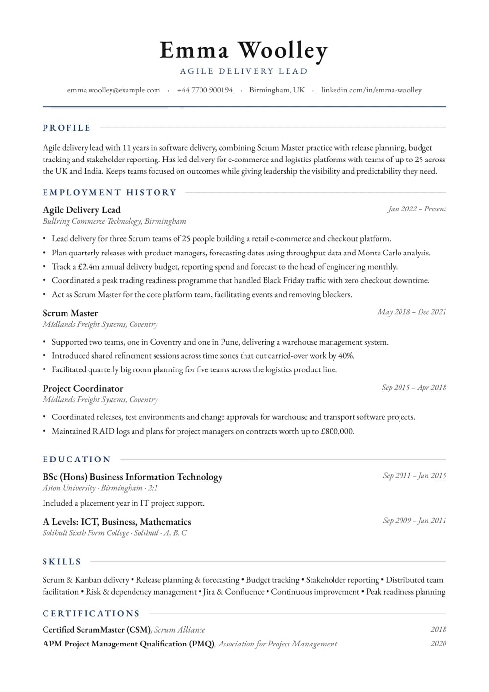 Agile Delivery Lead CV template