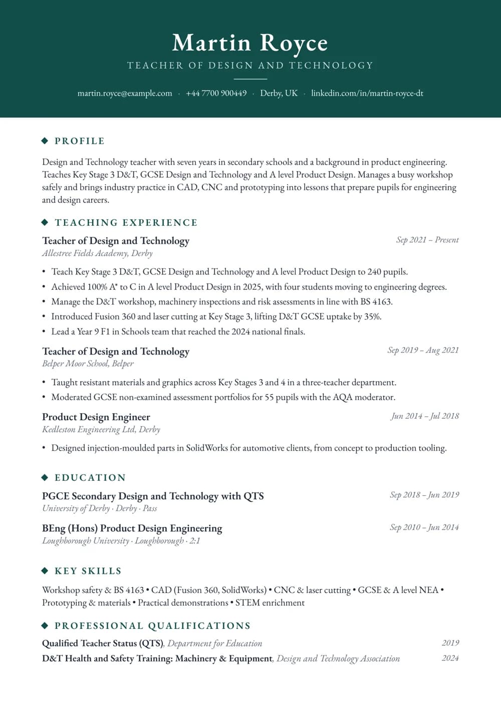 Design and Technology Teacher CV template