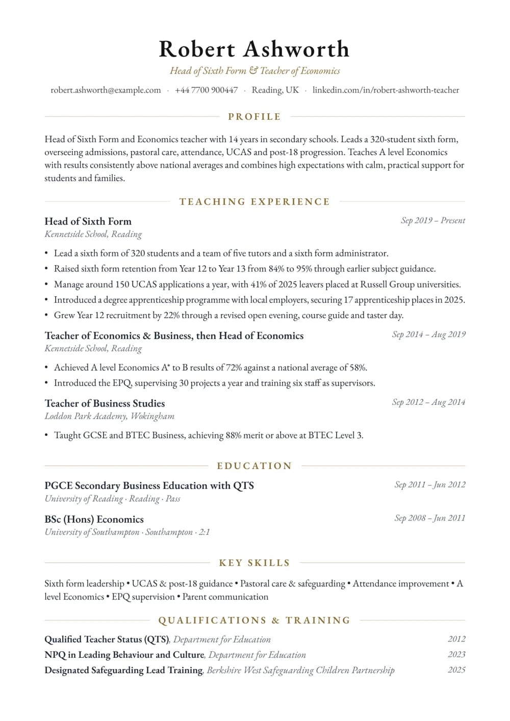 Head of Sixth Form CV template